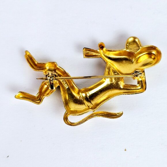 Vintage 50's Spanish Damascene Scatter Relaxing Mouse Gold & Black Pin Brooch - Picture 4 of 5